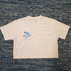 Relaxed Fit Cream Crop Top with Blue Graphic